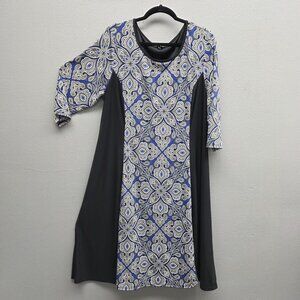 Sami & Jo Dress Womens 2X Blue Black White Geometric Print Stretch 3/4 Sleeve